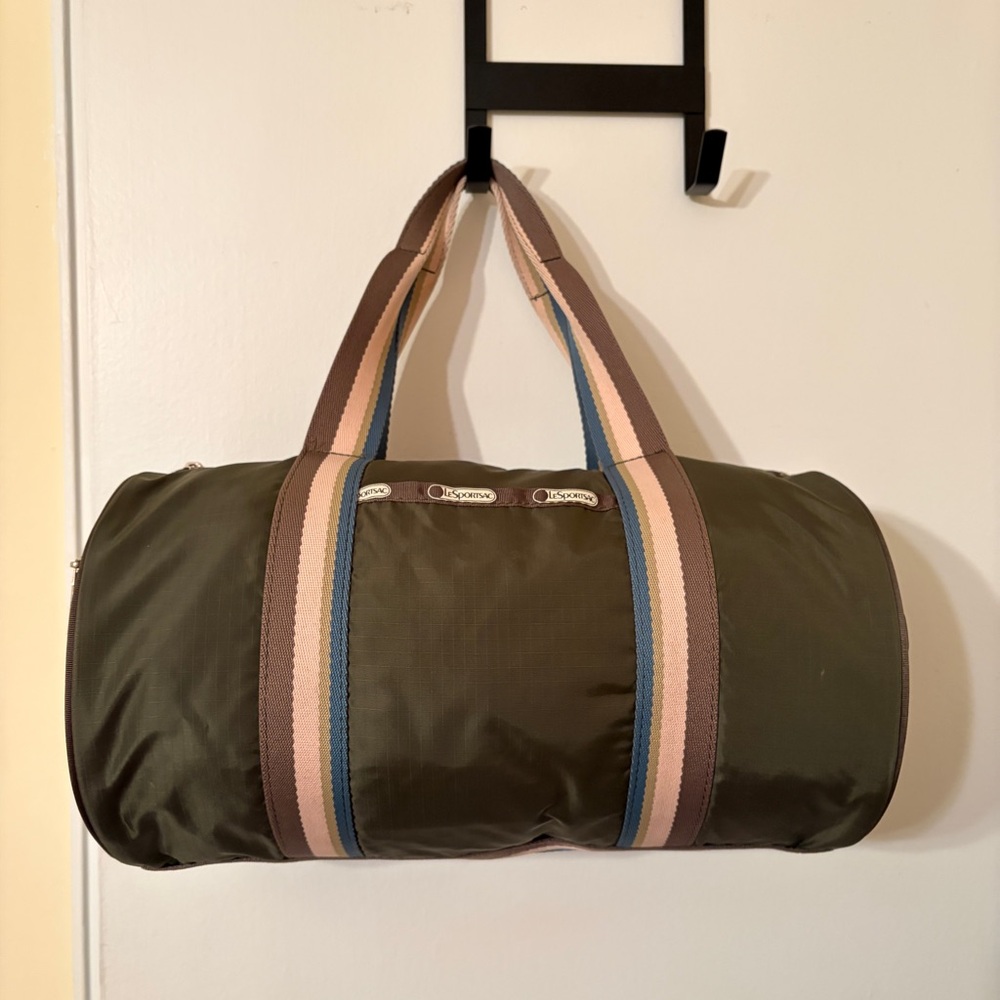 Lesportsac Nylon Duffel Bag dark green, pink and blue trims